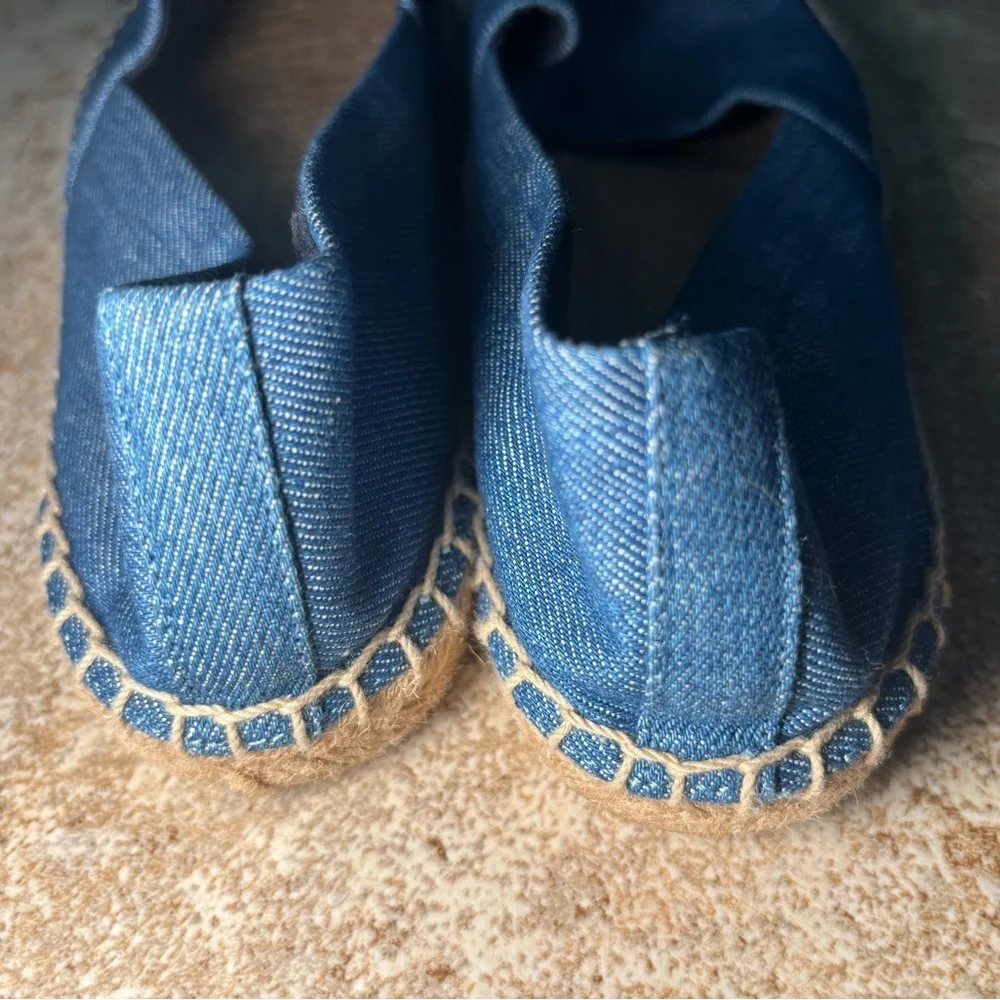 Tory Burch Denim Blue and Black Leather Espadrilles